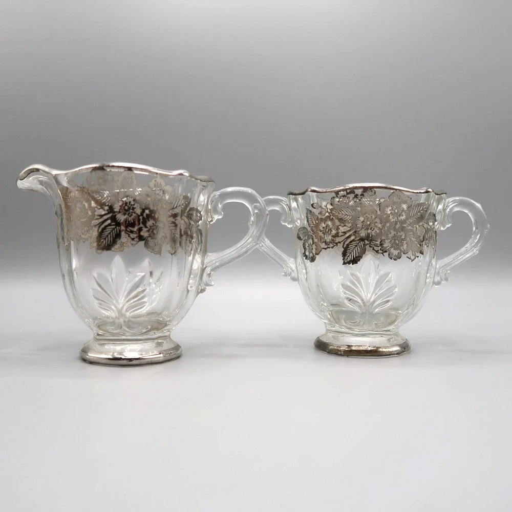Silver City Flanders Silver Overlay Creamer and Sugar Floral Poppy Glass